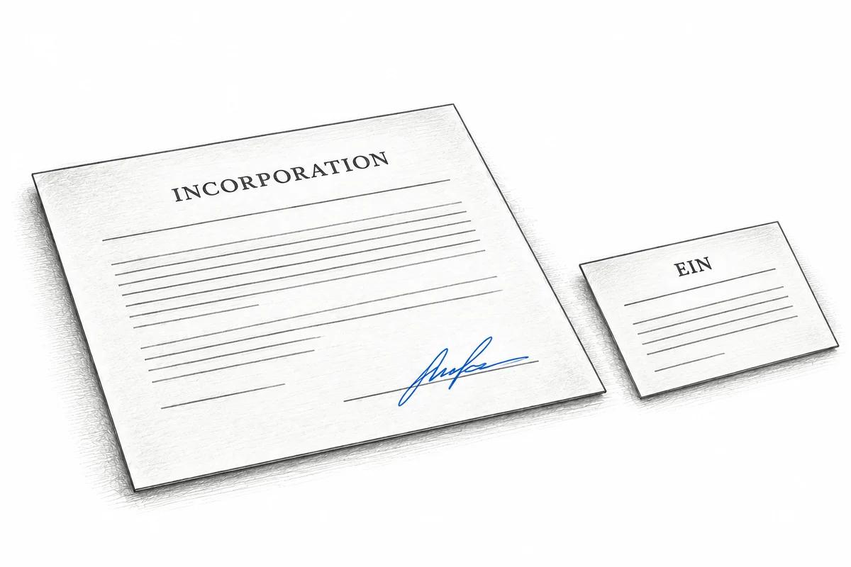 An incorporation certificate and an EIN record shown separately: creating the entity and obtaining its tax ID are different steps.