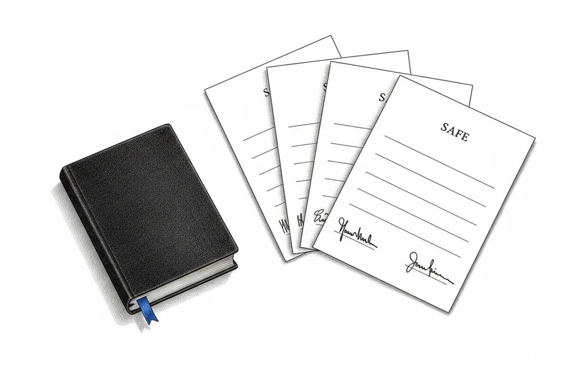 Hand-drawn signed SAFEs fanned out beside a ledger with a blue bookmark.