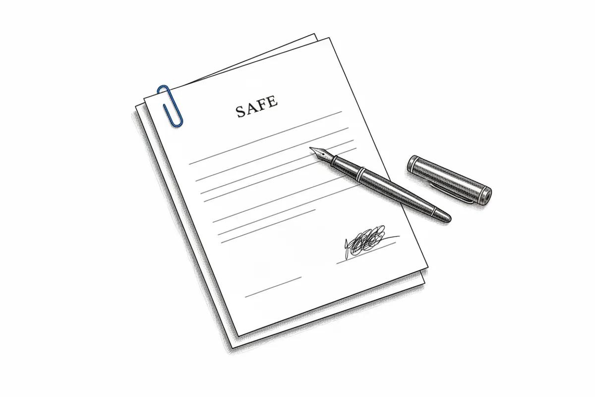 Hand-drawn SAFE agreement, signed, with a fountain pen beside it.