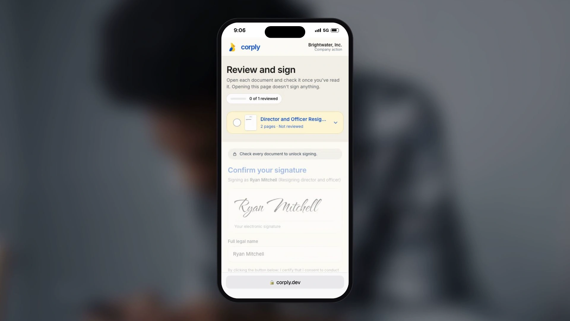 Corply demo: the departing founder reviews a resignation document before signing.